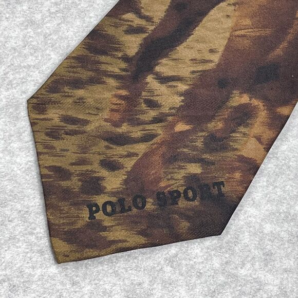 Polo Ralph Lauren Tie Mens Brown Silk Football Player Print Polo Sport Made USA - Picture 7 of 15
